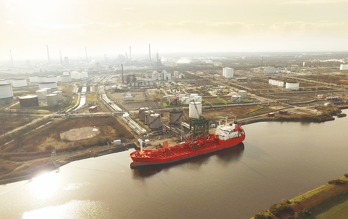 Image of Stanlow Terminals waterfront with ship tanker